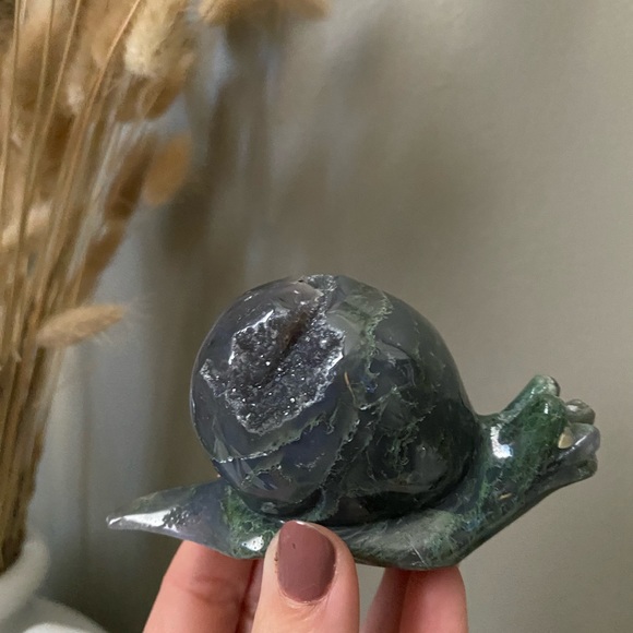 Rare moss agate crystal snail with druzy - Picture 2 of 2